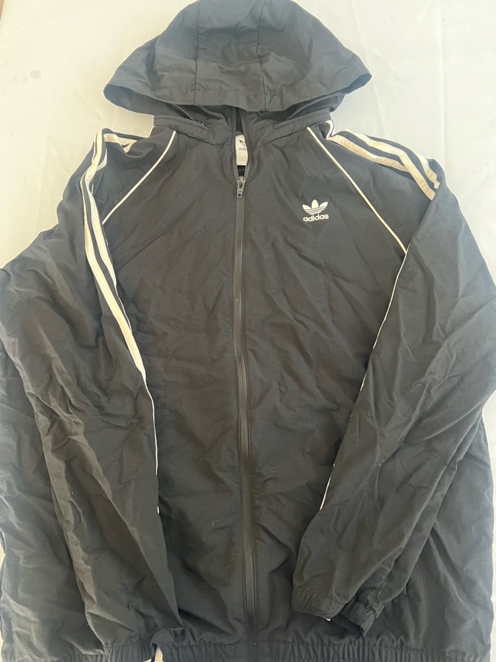 Adidas Black Hooded Windbreaker with White Stripe Accents